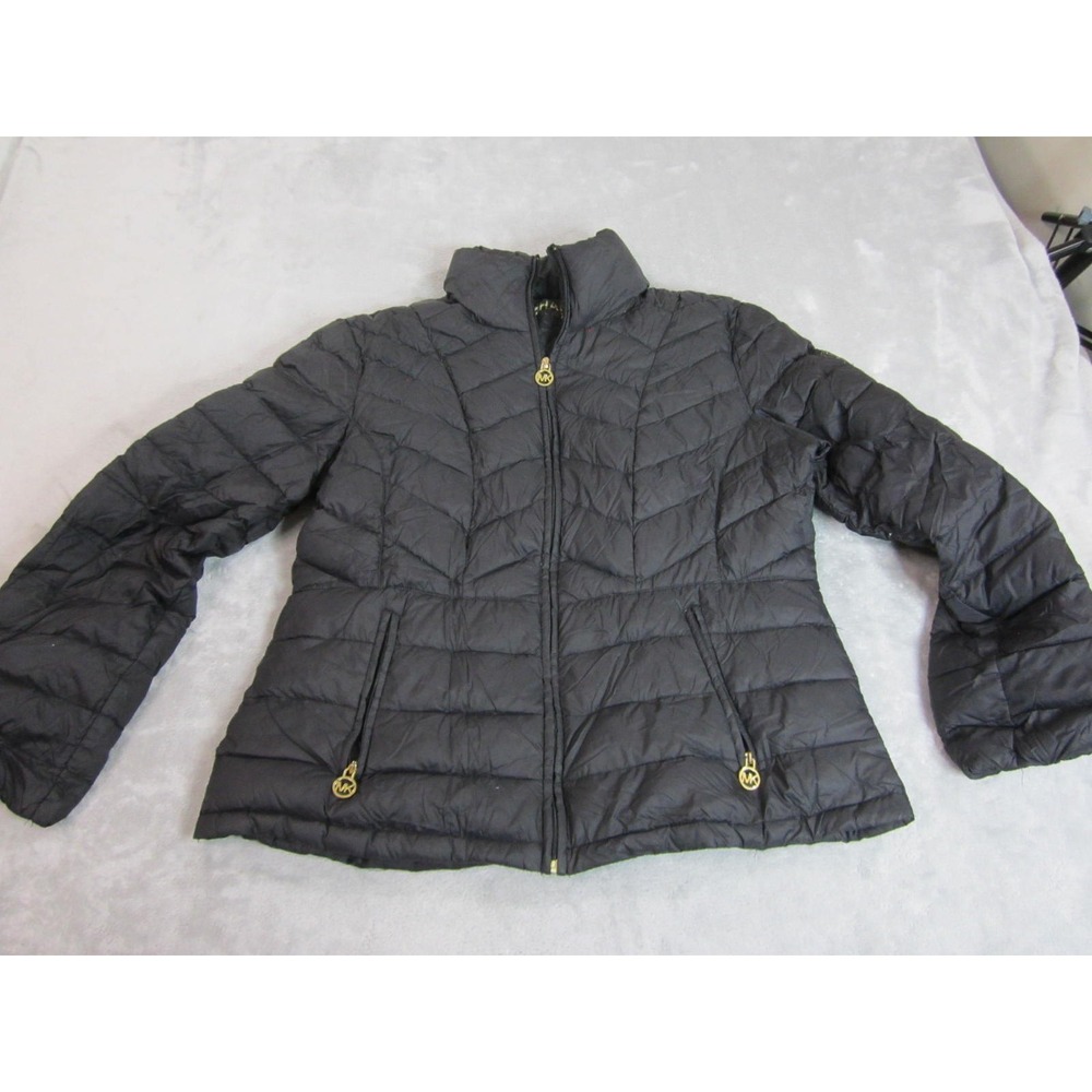 Michael Kors Puffer Jacket Womens XL Black Packable Down Quilted Gold Logo